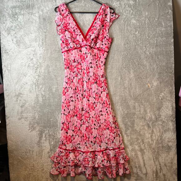 Vintage Y2K Pink Floral Ruffle Hem Dress Cottagecore Coquette Small Deadstock - Picture 1 of 10
